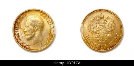 Dieci rubli - vecchia moneta d'oro dalla Russia con un ritratto di Nicola II. Foto Stock