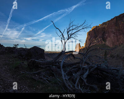Monolito di basalto con contrails nel cielo sopra alla prima luce Foto Stock