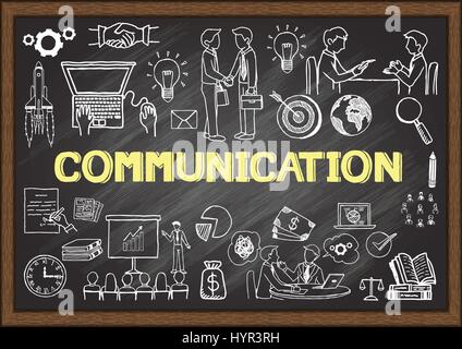 Icone disegnate a mano sulla comunicazione sulla lavagna. Illustrazioni vettoriali. Illustrazione Vettoriale