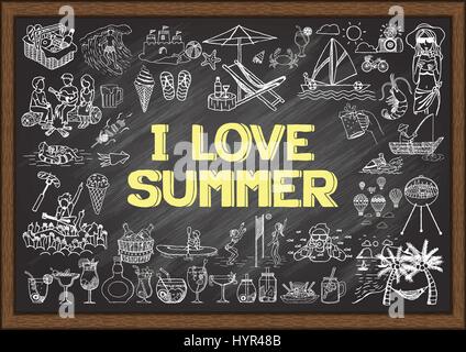 Icone disegnate a mano su di me amo l'estate su lavagna. Illustrazioni vettoriali. Illustrazione Vettoriale