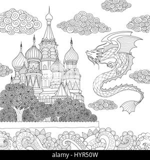 Dragon volare al di sopra cattedrale russa design per la colorazione degli adulti pagina del libro. Illustrazione Vettoriale. Illustrazione Vettoriale