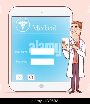 Medico di Medicina lavora con i moderni computer tablet e interfaccia virtuale come concetto medico Illustrazione Vettoriale