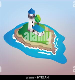 Illustrazione vettoriale 3D isometrica faro sull isola Illustrazione Vettoriale