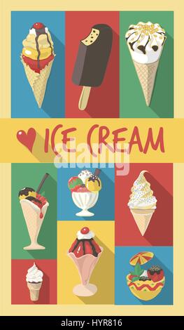 In stile retrò poster con diversi tipi di design piatto lungo ombra gelato illustrazioni. Illustrazione Vettoriale