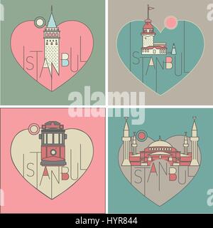 Linea del vettore di stile icona illustrata di istanbul set di punti di riferimento Illustrazione Vettoriale