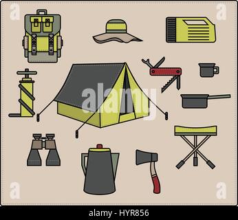 Linea del vettore lo stile di disegno camping icona impostare Illustrazione Vettoriale