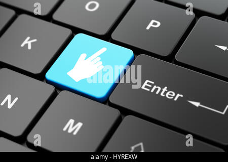 Il concetto di pubblicità: il cursore del mouse sulla tastiera del computer sullo sfondo Foto Stock