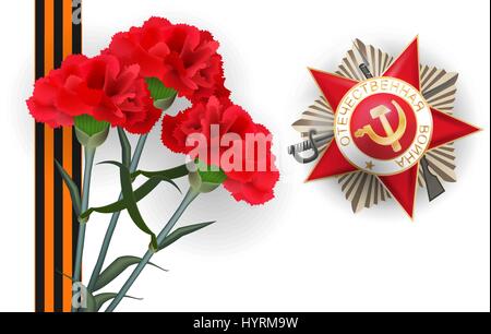 Il 9 maggio del garofano fiore rosso la Giornata della vittoria medaglia Illustrazione Vettoriale