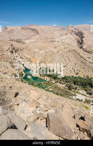 Vista verticale superiore di Wadi Bani Khalid in Oman, con una piscina turchese e turisti che esplorano il paesaggio panoramico del canyon, una destinazione di viaggio Foto Stock