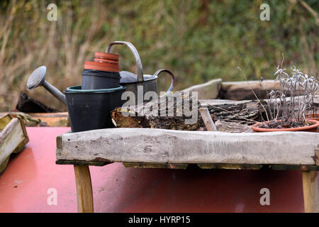 Annaffiatoio e utensili da giardinaggio sullaparte superiore di un narrowboat sul canale Foto Stock