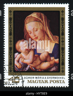 Ungheria - circa 1978: il francobollo stampato in Ungheria mostra una foto dell'artista Albrecht Dürer. Madonna e Bambino. Maria a gyermekkel. Circa 1978 Foto Stock