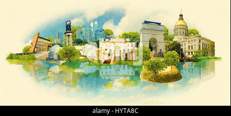 ATLANTA city water color vector illustrazione panoramica Foto Stock