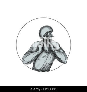 Lo stile di tatuaggio illustrazione di un american football gridiron quarterback qb player gettando il calcio visto dal lato impostato all'interno del cerchio sulla isolato Foto Stock