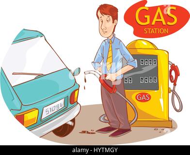 Illustrazione vettoriale di una stazione di benzina e il ragazzo Illustrazione Vettoriale