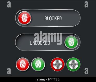 Set di cursori, interruttori e pulsanti rosso e verde. I modelli per l'interfaccia di nero, sito o applicazione con una impronta digitale per il bloccaggio e unlockin Illustrazione Vettoriale