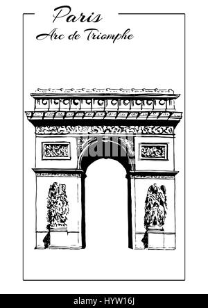 Arco di Trionfo, Parigi Francia. Arco Trionfale. Champs-Elysees, Place Charles de Gaulle. Disegno a mano schizzo illustrazione vettoriale. Luogo turistico. Può Illustrazione Vettoriale