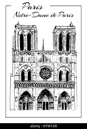 Notre Dame de Paris Cathedral, simbolo di Parigi. Il francese in giro. Disegno a mano schizzo illustrazione vettoriale. Luogo turistico. Può essere utilizzato in pubblicità Illustrazione Vettoriale