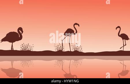 Paesaggio lacustre e silhouette di flamingo Illustrazione Vettoriale