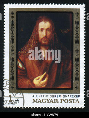 Ungheria - circa 1978: un francobollo stampato in Ungheria mostra pittura Albrecht Dürer ritratto di auto da Alte Pinakothek di Monaco di Baviera, circa 1978 Foto Stock