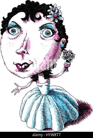 Un cartoon sposa nel suo abito da sposa fiori di contenimento. Illustrazione Vettoriale