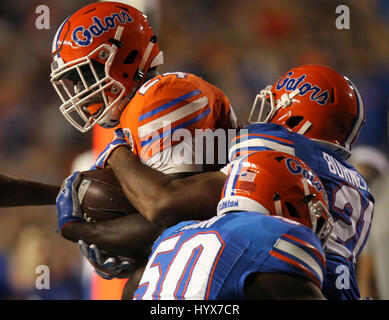 Gainesville, Florida, Stati Uniti d'America. 7 apr, 2017. MONICA HERNDON | Orari.Mark Thompson (24) viene arrestato durante la seconda metà dell'Arancio e blu al suo debutto al Ben Hill Griffin Stadium a Gainesville, Florida Credit: Monica Herndon/Tampa Bay volte/ZUMA filo/Alamy Live News Foto Stock