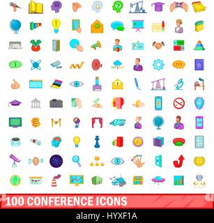 100 icone conferenza set, stile cartoon Illustrazione Vettoriale