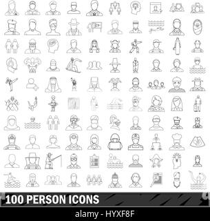 100 persona set di icone di stile di contorno Illustrazione Vettoriale