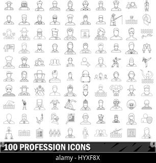 100 professione set di icone di stile di contorno Illustrazione Vettoriale