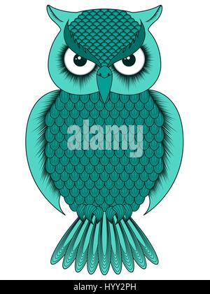 Big grave turchese ornato cartoon owl con occhi rotondi isolato su uno sfondo bianco, illustrazione vettoriale Illustrazione Vettoriale