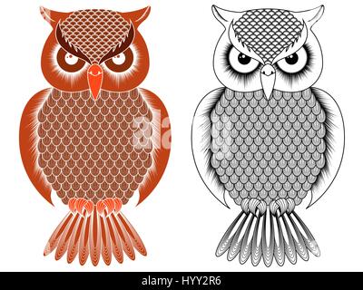 Contorno nero e arancione owl stencil con occhi rotondi isolato su uno sfondo bianco, illustrazione vettoriale Illustrazione Vettoriale