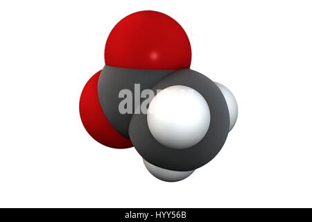 Acido acetico molecola. Aceto è una soluzione acquosa di acido acetico. Formula chimica è C2H3O2. Gli atomi sono rappresentati come sfere: carbonio (grigio), Idrogeno (bianco), Ossigeno (rosso). Illustrazione. Foto Stock