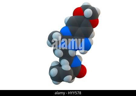 Alfuzosin iperplasia prostatica benigna (BPH) molecola di farmaco. Formula chimica è C19H27N5O4. Gli atomi sono rappresentati come sfere: carbonio (grigio), Idrogeno (bianco), Azoto (blu), Ossigeno (rosso). Illustrazione. Foto Stock