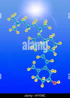 Un modello molecolare della vitamina D3 (colecalciferolo), una forma di vitamina D sintetizzata nella pelle come un risultato di raggi ultravioletti B luce. La vitamina D3 gioca un ruolo nell'assorbimento di calcio per mantenere forti le ossa e bilanciare i livelli di calcio e fosforo in b Foto Stock