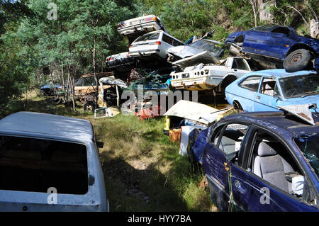 DERWENT VALLEY, AUSTRALIA: come una scena del mondo post-apocalittico in Mad Max arrugginire questi veicoli sono stati lasciati a marcire nel bush australiano. Il surreale video e immagini mostrano centinaia di vecchie autovetture, furgoni e camion impilati nella parte superiore di ogni altro nel bel mezzo del nulla come una scena di un post-apocalittico filmato. Altre riprese mostrano come i veicoli sono stati lasciati sparsi lungo quello che era una volta una vecchia strada, bloccando completamente fuori. Le immagini e i filmati sono stati presi a Derwent Valley, Tasmania dal romanziere australiano Angus Thornet (35) da Hobart. Foto Stock