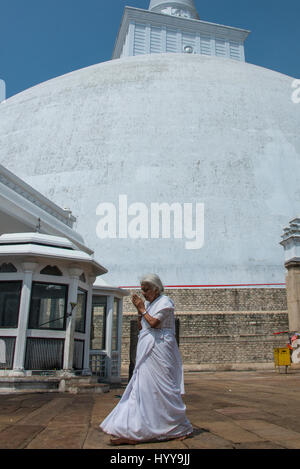 Sri Lanka, Anuradhapura. Il vecchio donna orante di fronte Ruwanwelisaya Stupa, sacro per i buddhisti di tutto il mondo. Foto Stock