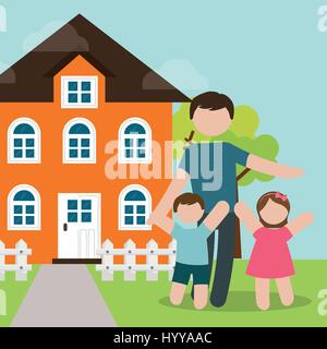 Padre di famiglia e bambini felici e casa Illustrazione Vettoriale