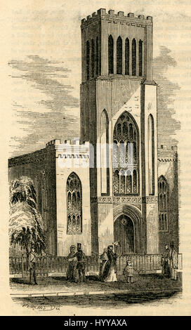 Antica incisione 1854, la prima Chiesa Presbiteriana, situato a 124 Henry Street tra Pierrepont e Clark strade in Brooklyn Heights quartiere di Brooklyn, New York City è stato costruito nel 1846 ed è stato progettato da William B. Olmstead nel revival gotico di stile. Samuel Hanson Cox (Agosto 25, 1793 Ð Ottobre 2, 1880) era un americano ministro presbiteriano e leader nella verità. Fonte: incisione originale. Foto Stock