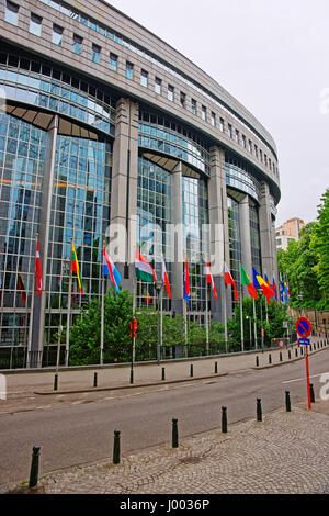 Bruxelles, Belgio - 11 Maggio 2012: l'UE è il palazzo del Parlamento e le bandiere in Bruxelles, capitale del Belgio. Foto Stock