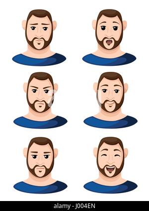Cartoon facce uomo che mostra diverse emozioni uomo emozione gli Emoji Icon Set per interni design piatto stile illustrazione vettoriale. Illustrazione Vettoriale