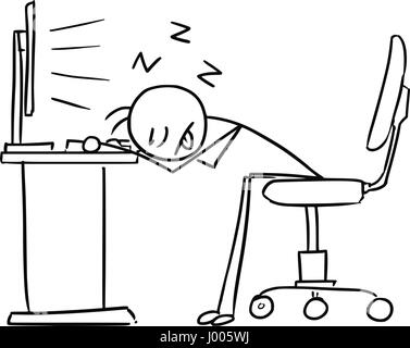 Vettore di Cartoon doodle stick uomo lavoratore di ufficio è dormire con la testa sul tavolo di Office nella parte anteriore dello schermo del computer deadly stanchi, affaticati e s Illustrazione Vettoriale