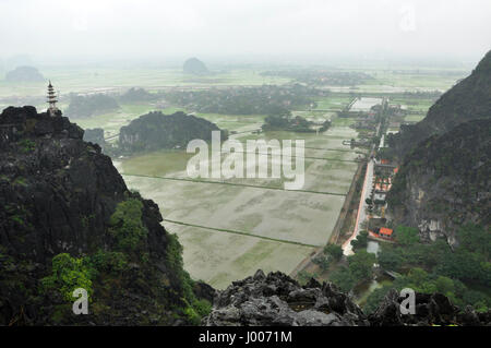 Panorama di campi di riso, rocce calcaree e cima pagoda da appendere Mua punto di vista Tempio in un giorno di pioggia. Ninh Binh, Vietnam Foto Stock