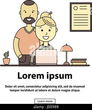 Uomo sorridente e della donna che lavorano insieme. Illustrazione piana dei giovani che studiano in università o lavoro in ufficio isolato su bianco Illustrazione Vettoriale