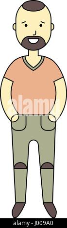 Sorridente uomo permanente hipster carattere. Illustrazione Vettoriale di icona di colore in linea piana di stile. Lineare e carino uomo felice. Illustrazione Vettoriale