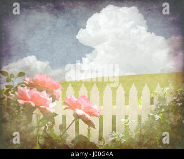 Molla di sfondo vintage con rose e white Picket Fence nella parte anteriore di una verde collina erbosa e cielo blu cloudscape. Carta invecchiato, grunge testurizzato. Foto Stock