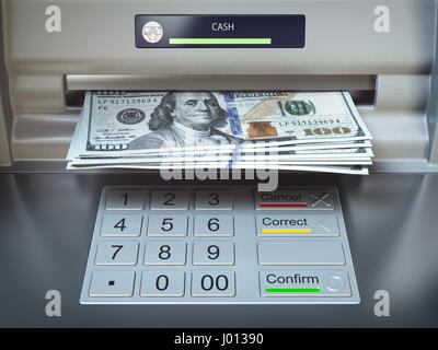 Bancomat e denaro. Il ritiro di banconote di dollari. 3d illustrazione Foto Stock