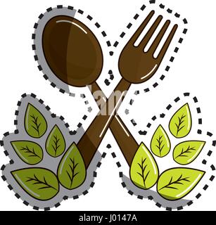 Sticker cucchiaio e forchetta utensili per la cucina con foglie Illustrazione Vettoriale