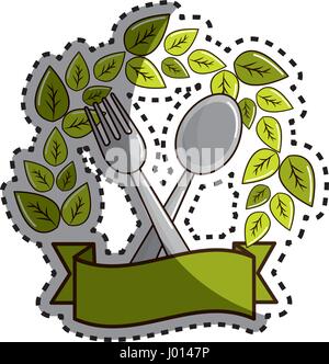 Sticker cucchiaio e forchetta utensili per la cucina con foglie e nastro Illustrazione Vettoriale