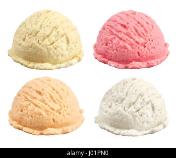 Set di diverso gusto gelato scoop isolato su bianco Foto Stock
