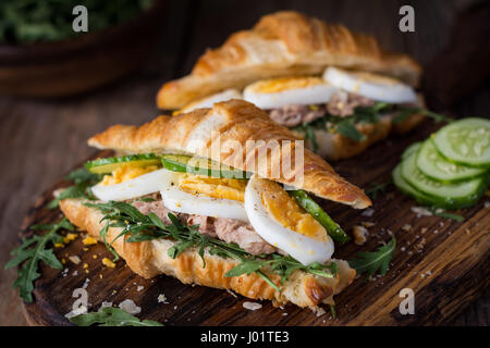 Insalata di tonno panini con Fresco cetriolo, uovo sodo e rucola. Vista ingrandita, il fuoco selettivo Foto Stock