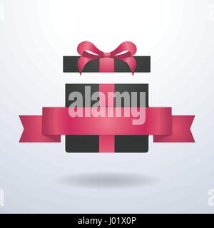 Realistico scatola regalo illustrazione vettoriale confezione regalo nera con eleganti elementi decorativi del nastro rosa e nastro rosa per l'iscrizione su sfondo bianco Illustrazione Vettoriale